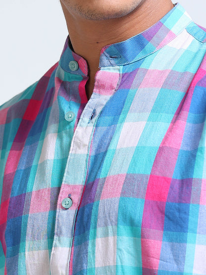 Aqua Horizon Check Chinese Collar Shirt