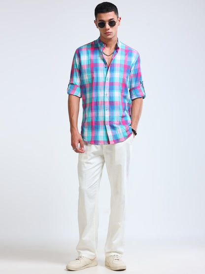 Aqua Horizon Check Chinese Collar Shirt