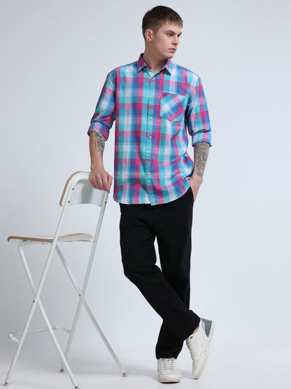 Men Aqua Horizon Check Shirt