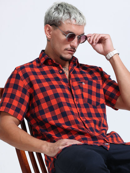 Red Wood Check Half Sleeve Shirt