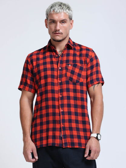 Red Wood Check Half Sleeve Shirt
