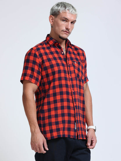 Red Wood Check Half Sleeve Shirt