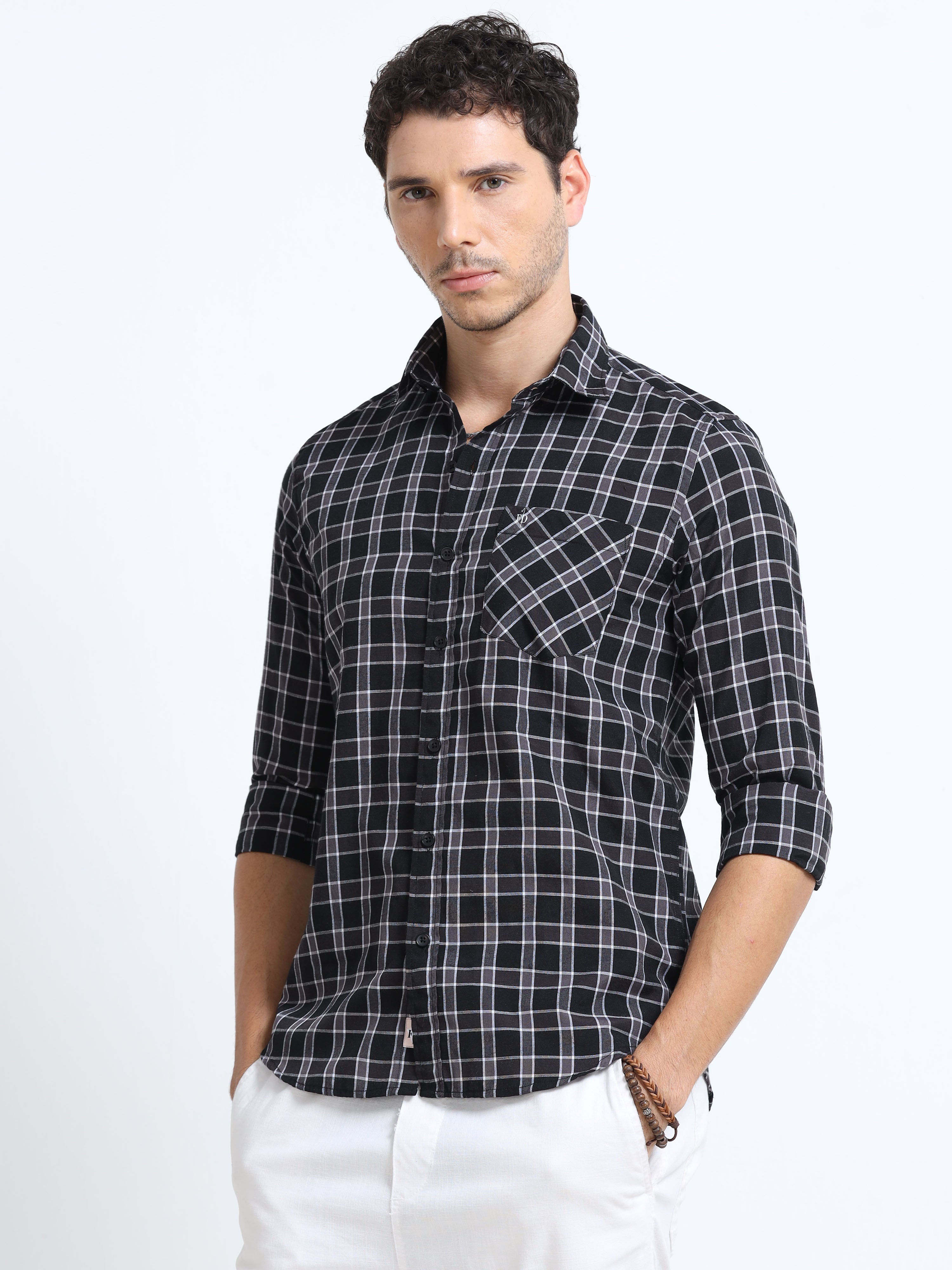 Black Twill Check Strips Shirt