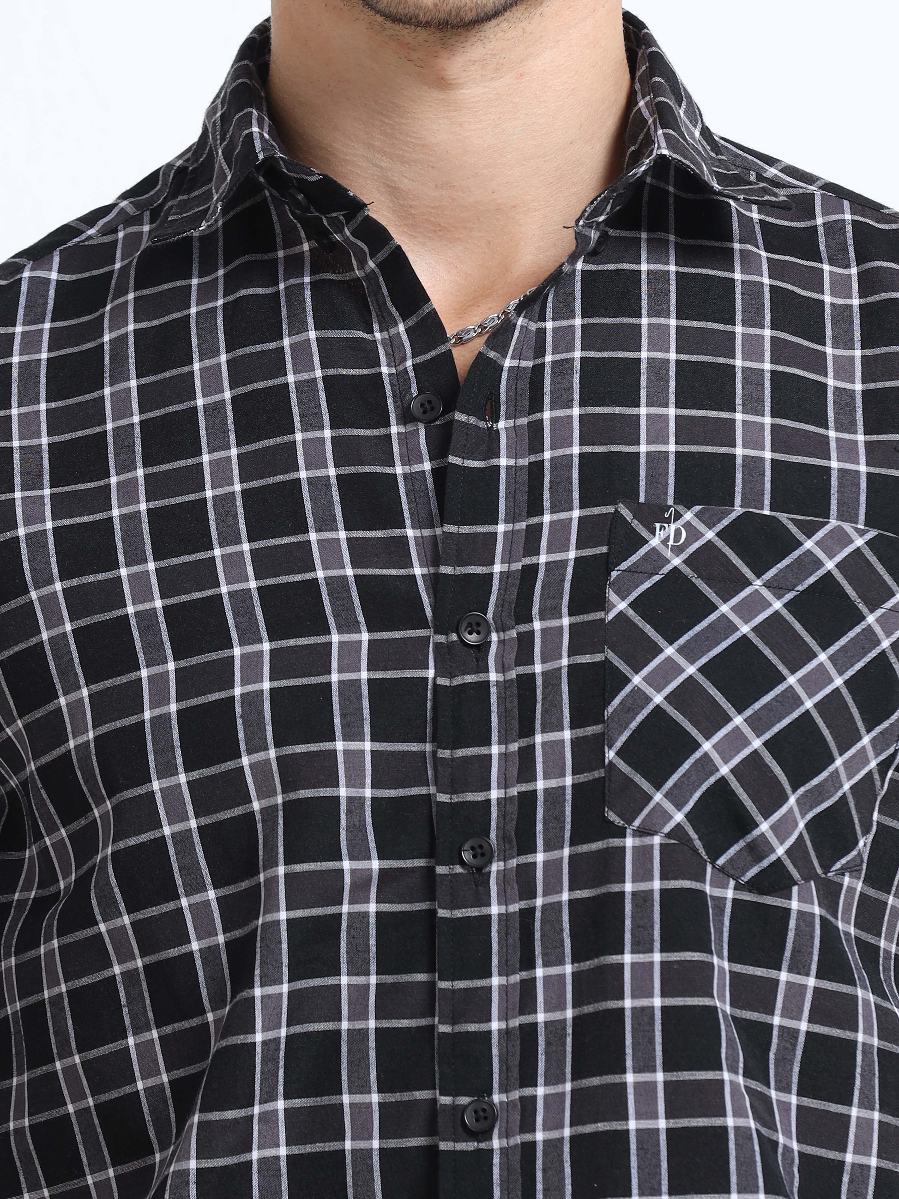 Black Twill Check Strips Shirt