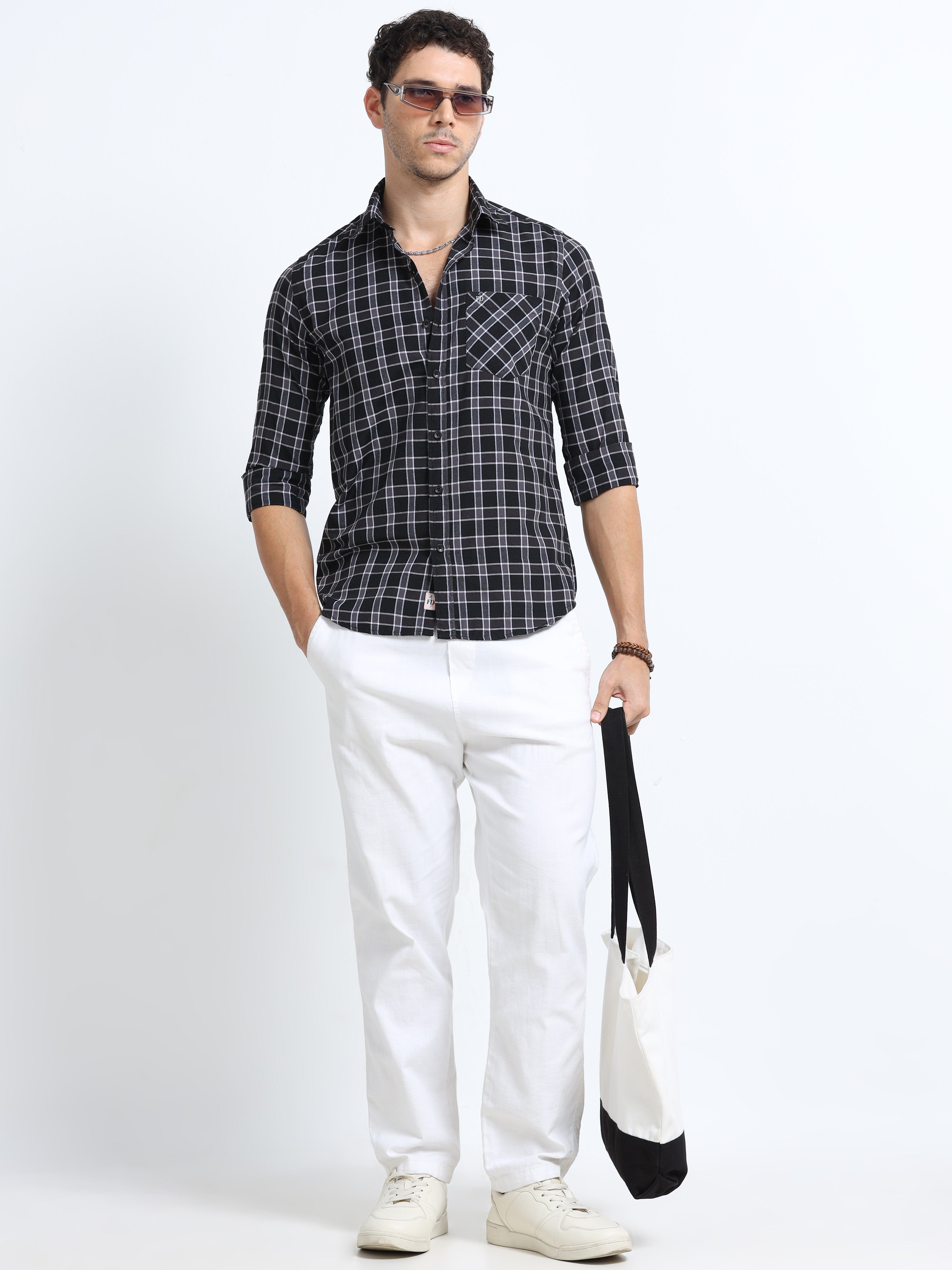 Black Twill Check Strips Shirt