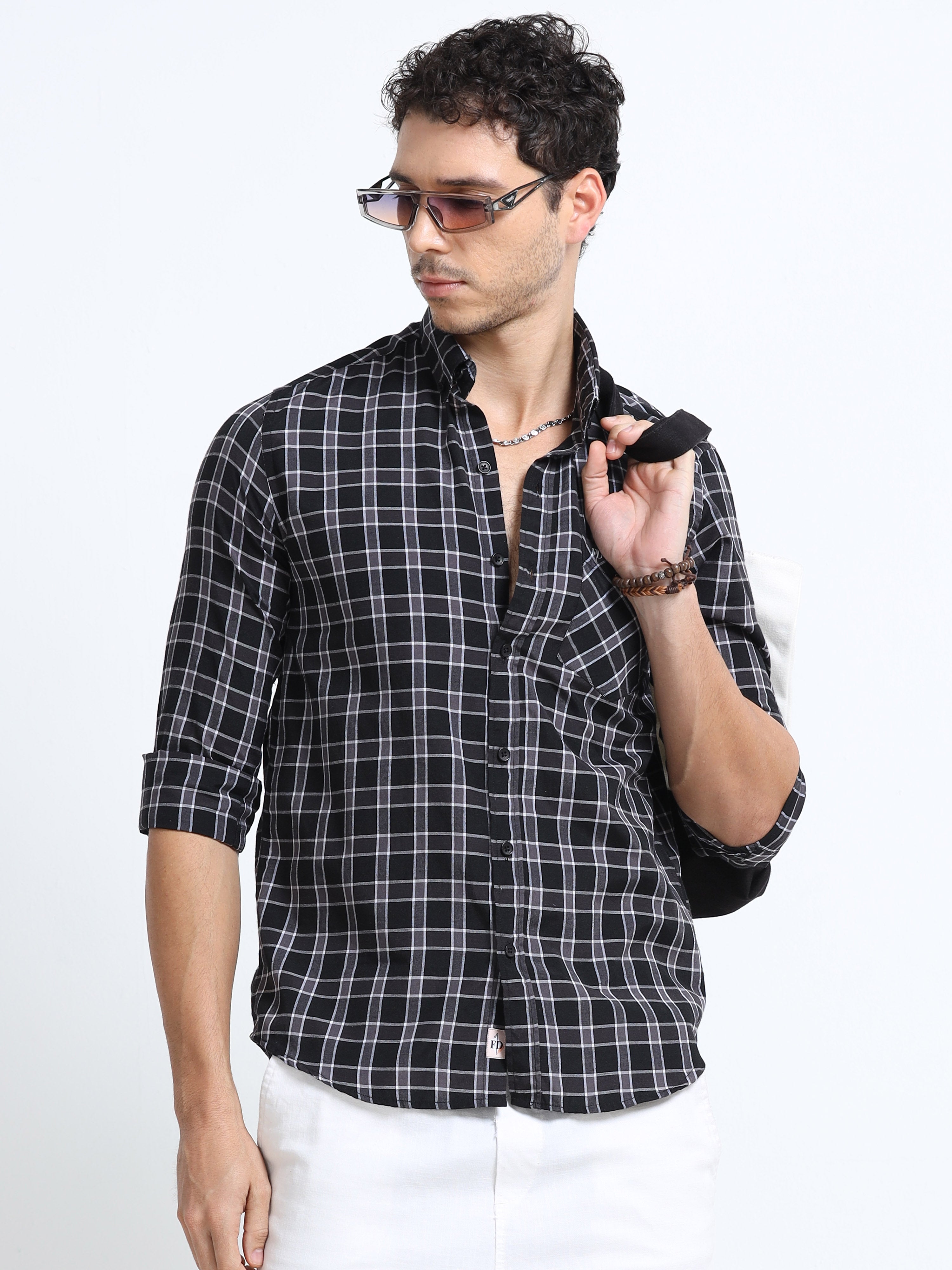 Black Twill Check Strips Shirt
