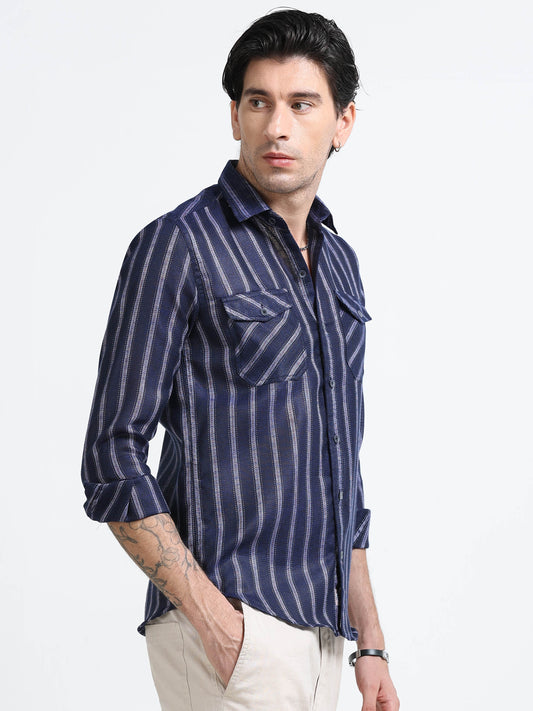 Yarn-Dyed Blue Stripe Cotton Shirt